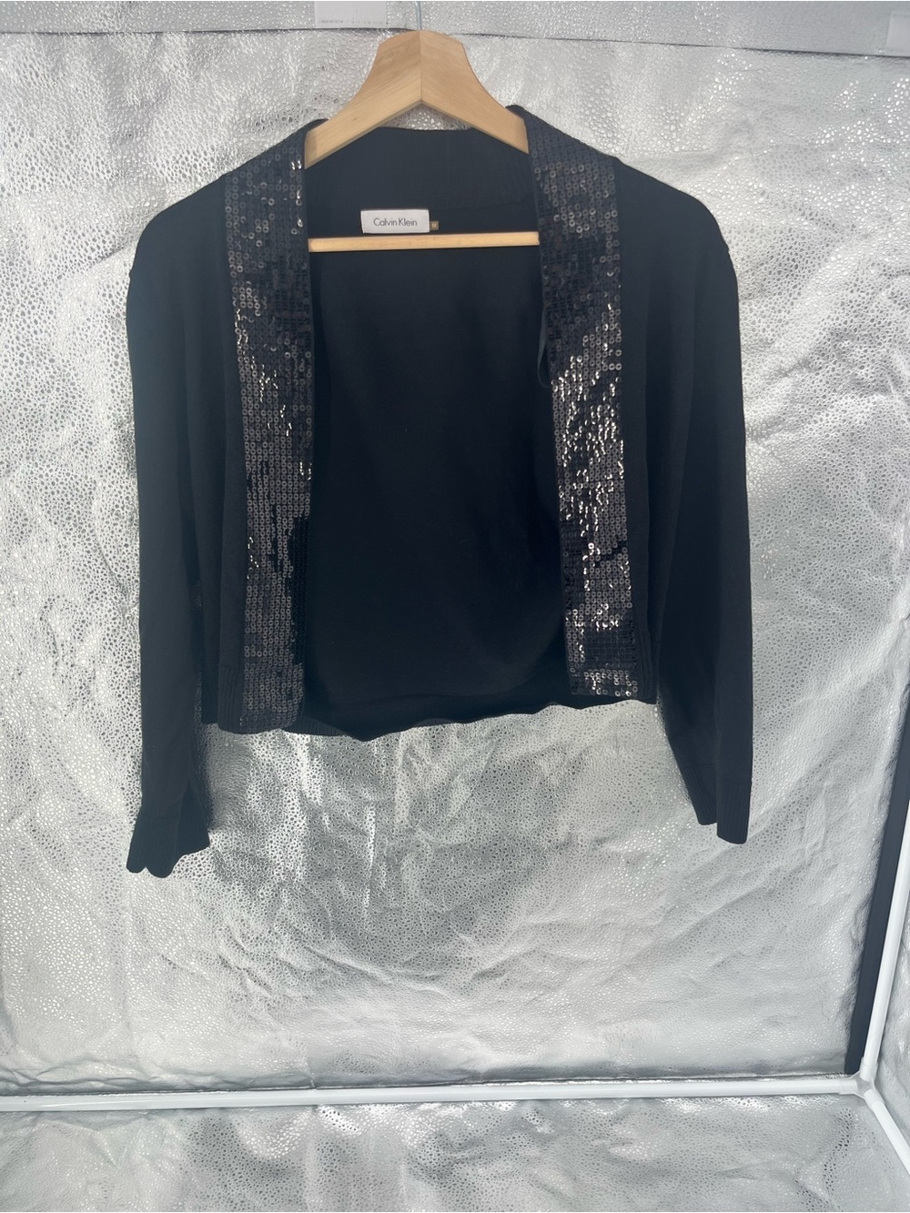 Calvin Klein Black Cropped Sequin Trim Bolero Shrug Cardigan Silk blend Size M
